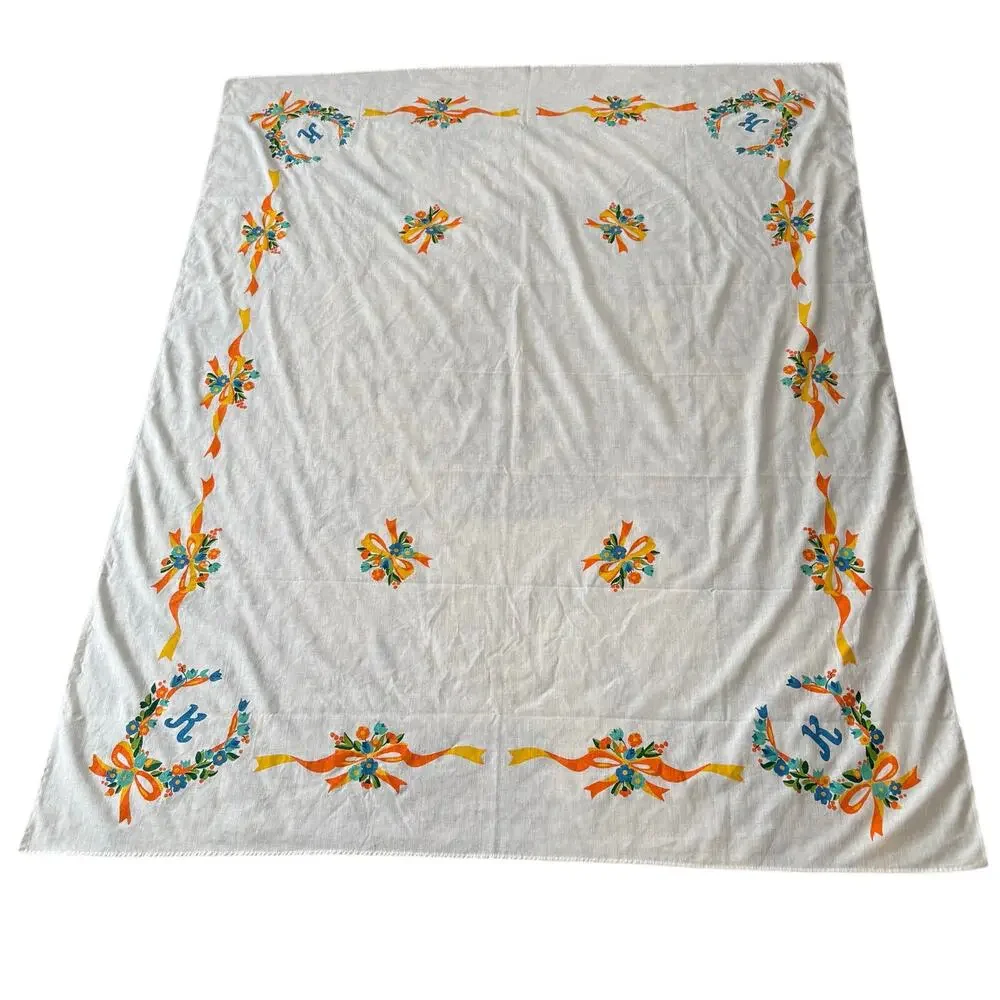 Fabric Painted Floral Tablecloth Monogram K Yellow Orange Cottage Core 54x68